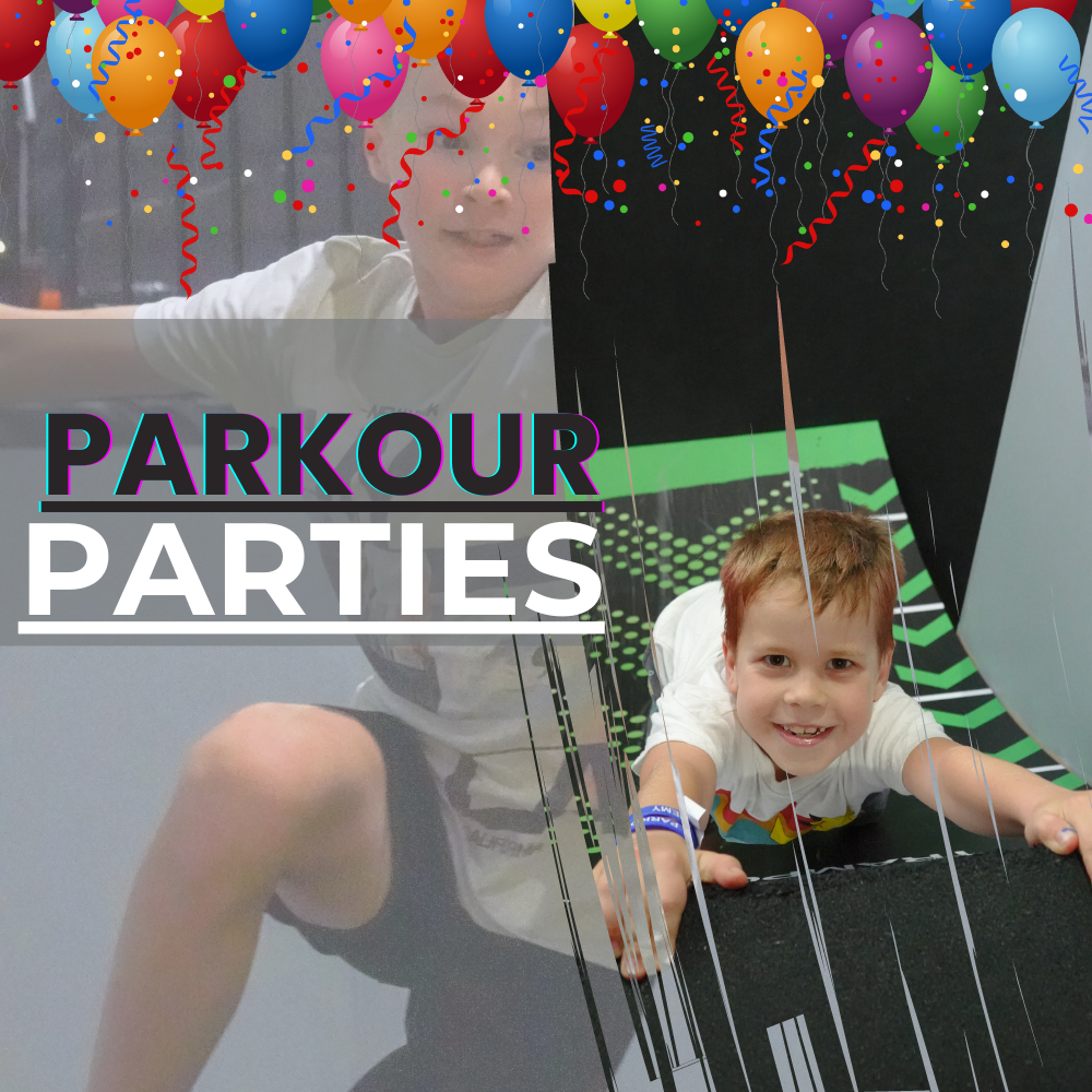 NEW:  Parkour Parties! 30 Minutes coaching with one of our fun, experienced parkour coaches, 30 mins hosted free time, food, drinks and party room.  Minimum 10 people.